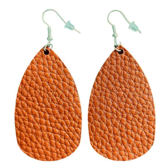 Brown Tan Textured Leather Teardrop Earrings - Picture 1 of 3